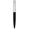 A metal ballpoint pen with a silver finish and a black grip, featuring a logo on the body.