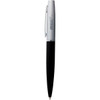 A sleek metal ballpoint pen in white and black, featuring a logo on the barrel.