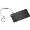 A black aluminium identification tag with a silver metal wire loop and a clip for attachment.
