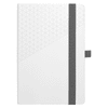 A white notebook featuring a geometric pattern on the cover, secured with a grey elastic band, and includes a logo.