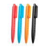 Four geometric ballpoint pens in red, blue, orange, and black, each featuring a textured grip and a clip.