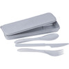A grey bamboo fibre cutlery set including a spoon, fork, and knife in a matching storage case.