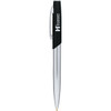 A metal ballpoint pen with a shiny chrome finish and a black grip, featuring a logo on the barrel.