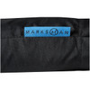 A black umbrella with a blue logo tag attached, featuring a foldable design for convenience.