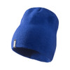 A blue unisex beanie with a fitted design and a small logo on the side.