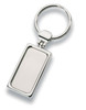 A shiny silver metal keyring with a rectangular pendant and a round keyring attachment.