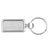 A silver metal keyring with a rectangular pendant and a keyring attachment, featuring a logo.
