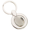 A silver swivel keyring featuring a circular design and a smooth, polished surface.