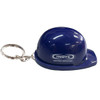 A blue hard hat keyring with a silver chain and a logo on the front.