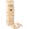 A wooden block stacking game featuring light-coloured rectangular blocks arranged in a tower with some blocks lying beside it.