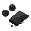 A black massage ball set featuring two textured balls and a drawstring pouch.