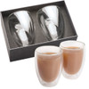 A set of two double-walled glass cups, featuring a sleek design, presented in a grey gift box.