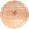 A wooden cheese board with a smooth round surface and a logo engraved in the centre.