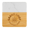 A marble and bamboo coaster featuring a white marble top and a bamboo bottom, with a logo on the surface.