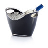 A black ice bucket filled with ice and a bottle of wine, featuring silver handles and a polished finish.