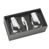 A wine glass set featuring two clear glasses and a silver corkscrew, presented in a sleek black box.