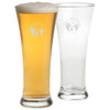 A Pilsner beer glass set featuring two glasses, one with beer and foam, both clear with a logo.
