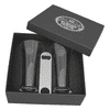 A set of two dark glass Pilsner beer glasses and a metal bottle opener in a black gift box.