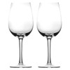 Two clear glass wine glasses with elegant stems, designed for serving wine.