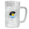 A glass beer mug with a clear design, featuring a logo with a sun and waves in blue and yellow hues.
