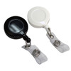 Two retractable badge holders in black and white, featuring a clear clip attachment on the back and a visible logo.