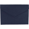 A navy felt folder with a button closure, featuring a smooth exterior and a classic envelope design.