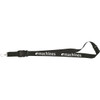 A black 25mm lanyard featuring a branding logo, with a detachable clip for attaching items.