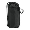 A black reusable tote bag with a drawstring closure and mesh side pocket, featuring a carabiner clip.