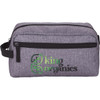 A grey toiletry pouch with a zippered compartment and a logo on the front. Ideal for travel accessories.