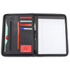 A black portfolio with a pen, notepad, card slots, and a zippered pocket.
