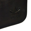 A black compendium with a subtle logo embossed on the front, featuring smooth, sleek leather material.