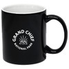 A black coffee mug with a logo featuring mountains and sunburst design. Holds 300ml.