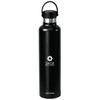 A drink bottle made of stainless steel, featuring a sleek black design and a handle, with a logo on the front.