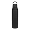 A drink bottle in matte black finish with a metal loop, featuring a sleek design and 600ml capacity.