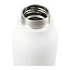 A drink bottle with a smooth white exterior and a stainless steel opening, featuring a metal loop on the side.