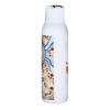 A drink bottle with a white finish and a decorative patterned design featuring earthy colours. It has a metal loop on the cap.