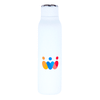 A drink bottle in white with a metal loop, featuring a colourful logo, holds 600ml of liquid.