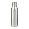 A drink bottle in stainless steel with a sleek, silver finish and a screw-on lid. It features a logo.
