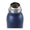 A drink bottle with a sleek design in navy blue, featuring a silver-coloured opening and a logo.