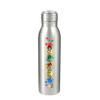 A drink bottle in silver stainless steel, featuring a colourful logo design.