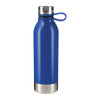 A drink bottle with a sleek blue body, stainless steel base, and a looped lid for easy carrying.