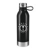 A drink bottle in black stainless steel with a silver bottom and a logo. Ideal for sports and outdoor activities.