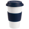 A ceramic coffee mug with a white body, navy lid, and navy silicone sleeve. It features a logo.