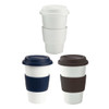 A ceramic coffee mug set in white, navy, and brown, featuring silicone lids and grips. Includes branding.