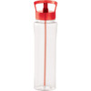 A drink bottle in clear plastic with a red lid and straw, featuring a slight curvature and a logo.
