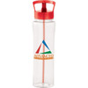 A drink bottle in clear plastic with a red lid and straw, featuring a logo on the front.