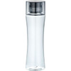 A drink bottle in clear plastic with a silver lid, featuring a sleek, modern design and a logo.