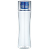 A drink bottle made of clear plastic with a blue lid, featuring a sleek, ergonomic design.
