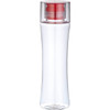 A drink bottle in clear plastic with a red cap, featuring a sleek, modern design and a branding logo.