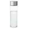 A drink bottle in transparent glass with a silver metallic lid, holding clear water inside.